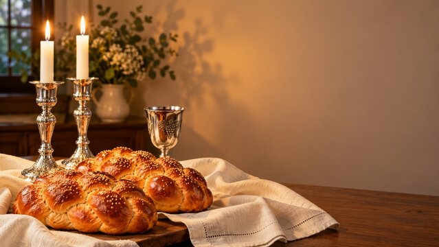 Shabbat Candles and Braided Challah on an Ivory Linen Table with Copy Space