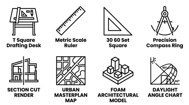 Architectural design and planning equipment icons for urban development and building construction with t square architecture drafting planning construction engineering modelling t-square