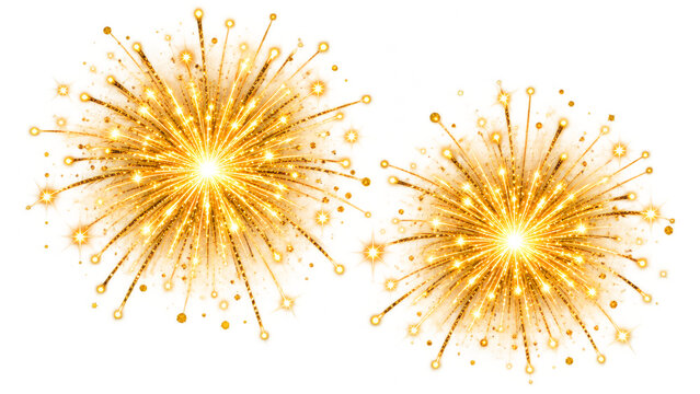 Golden firework bursts isolated on transparent background for new
