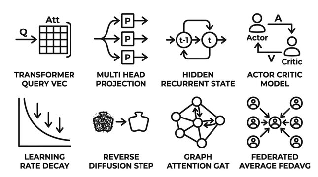 Set of machine learning and deep reinforcement learning diagrams for AI model architecture with learning reinforcement intelligence artificial architecture transformer projection recurrent