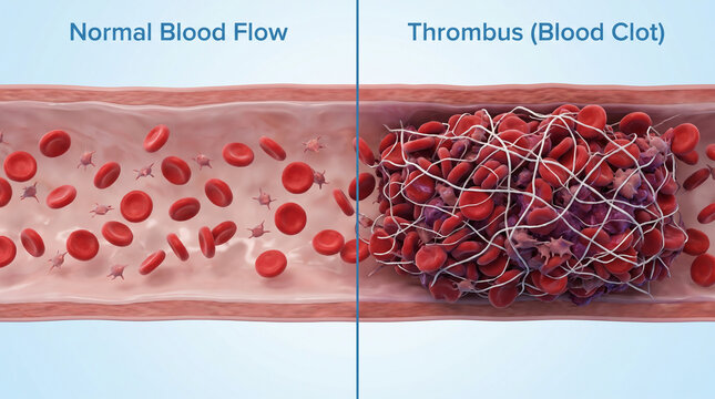 Blood Vessel Cross Section Comparing Normal Blood Flow and Thrombus Clot Formation