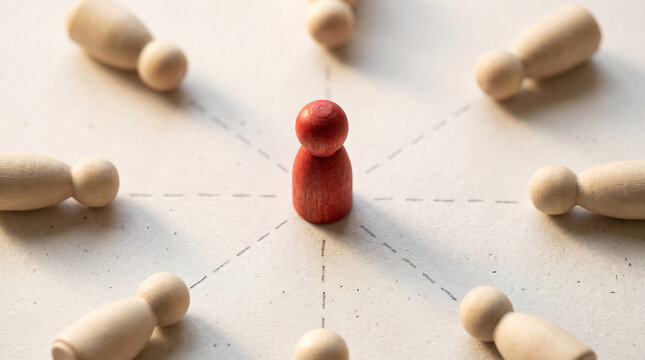 Red wooden peg figure standing upright in the center while beige pegs lie fallen around it concept for resilience survivor strength leadership competition and victory in business