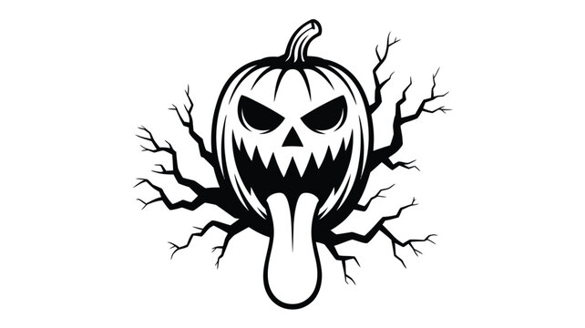 Black and white of a scary jack-o-lantern pumpkin with a long tongue sticking out, surrounded by bare tree branches on a white background