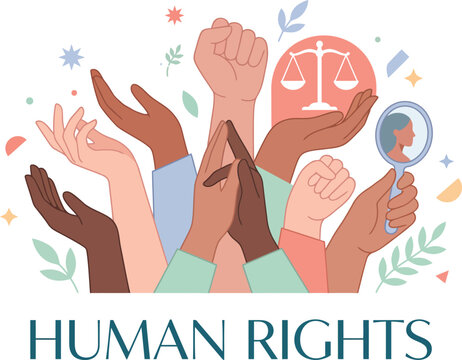 Human Rights concept illustration with diverse hands, raised fists and justice symbols vector