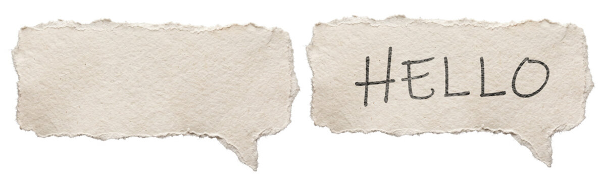 Torn paper speech bubbles with hand drawn hello text isolated on transparent background for creative scrapbooking and message design.