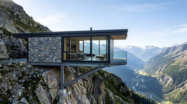 Modern luxury cabin perched on a steep mountain cliff overlooking a deep valley.