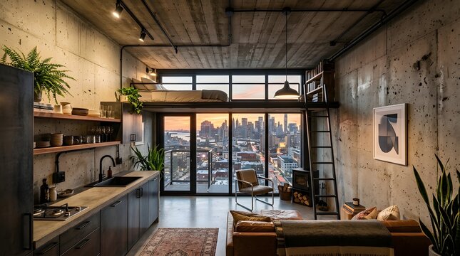 Modern industrial loft apartment interior with concrete walls and panoramic city skyline view at sunset.