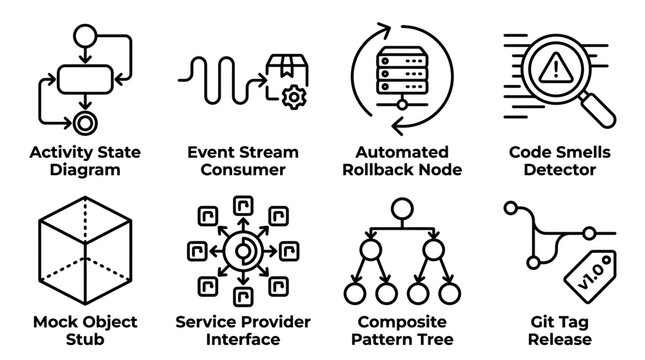 Set of software development and programming process icons in black and white line style with software development programming algorithm interface rollback technology computing automation