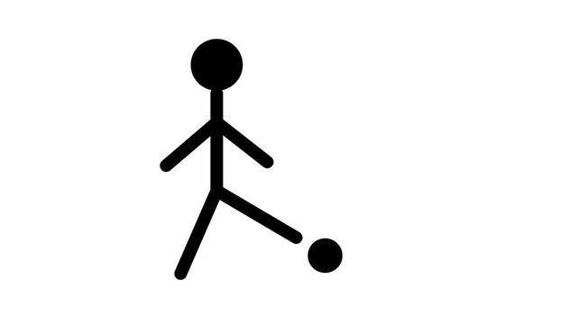 Stick figure kicking soccer ball video footage. Black and white animated clip showing sports action. Minimalist design for projects