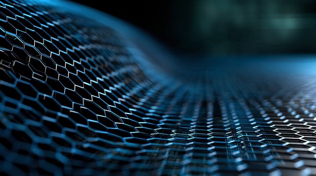 Blue hexagon grid wave against a dark background with glowing edges, soft focus and copy space. Abstract technology background for digital data, cyber interface and network structure design