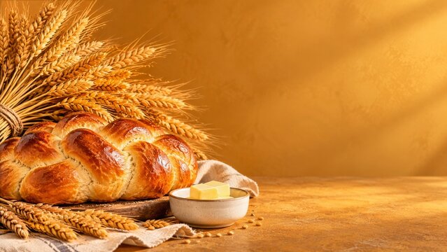 Braided bread with wheat sheaves and butter for a Thanksgiving background