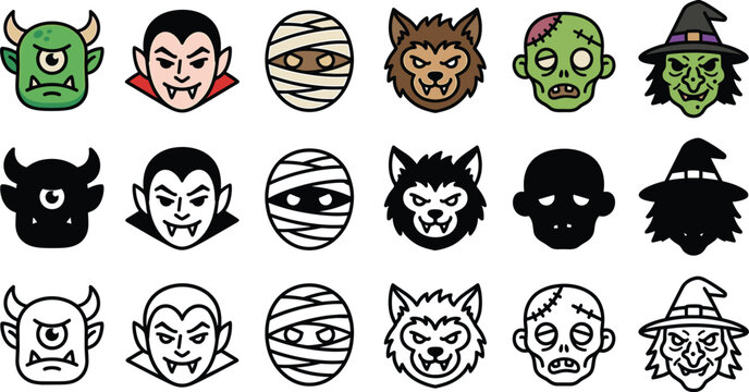 Halloween spooky monster avatar icon set featuring vampire witch zombie werewolf mummy and cyclops characters in three distinct styles