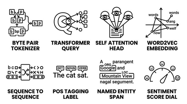 Data processing and natural language processing concepts represented by technical line icons with processing technology language embedding algorithm intelligence technical computer software