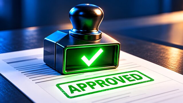 Glowing green approved rubber stamp on business document for compliance and verification concepts
