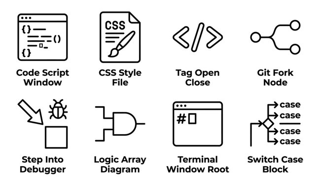 Web development and debugging interface icons representing style files and logical programming constructs with development debugging programming interface debugger terminal frontend function