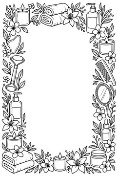 Spa Self-Care Beauty Frame with Candles, Towels, Lotion Bottles and Flowers