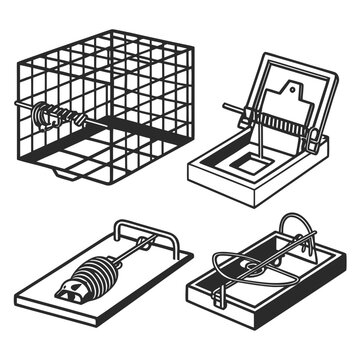 Set of various animal traps including a cage, a snap trap, and a spring trap, black and white line on white background