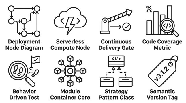 Set of software engineering and development workflow icons including deployment nodes and semantic version tags with software engineering development workflow deployment serverless continuous