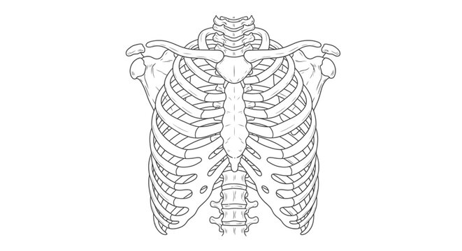 Detailed line drawing of the human thoracic skeleton, including the rib cage and shoulder girdle, offers a clear anatomical view.