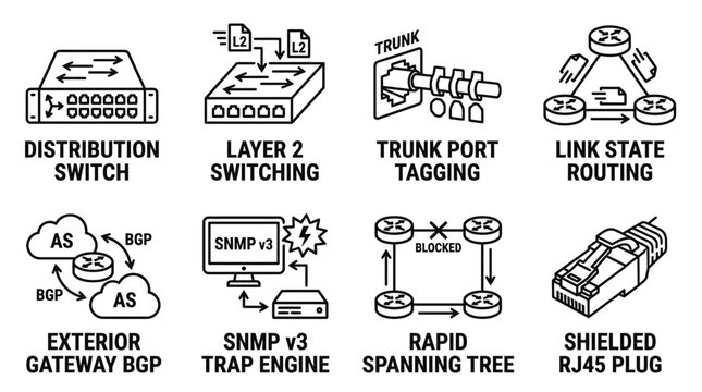 Network infrastructure and data communication routing icons set with infrastructure communication ethernet connection spanning shielded topology protocol interface hardware internet