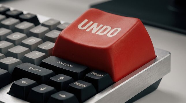 Error reversal concept with an oversized red undo button resting on a keyboard, representing digital correction, software recovery, and editing workflow