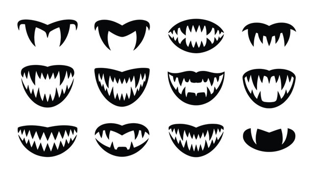 Collection of twelve different monster mouths and vampire fangs silhouettes, black shapes isolated on a white background, for halloween themed projects
