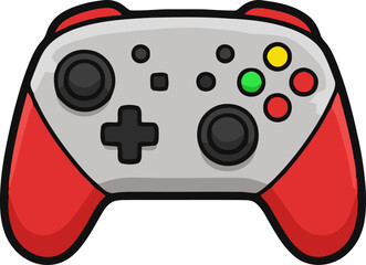 Cute cartoon illustration of a modern red wireless gamepad controller for video game consoles. © Mahenarchv