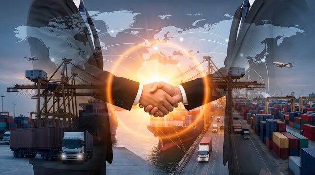 Businessmen shaking hands demonstrate a collaborative approach to navigating global logistics and trade systems.