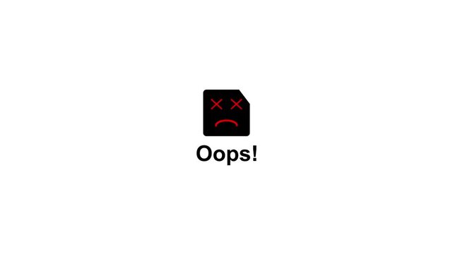 Pixelated oopsy error message animation.Error animation.Broken screen element with sad red face and oops text.