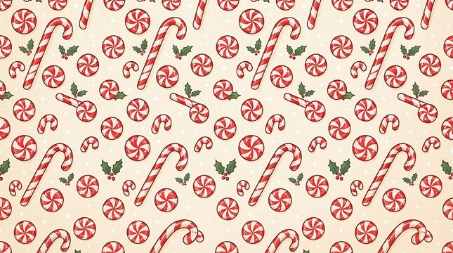 Christmas candy cane and peppermint candies seamless pattern for holiday celebration.
