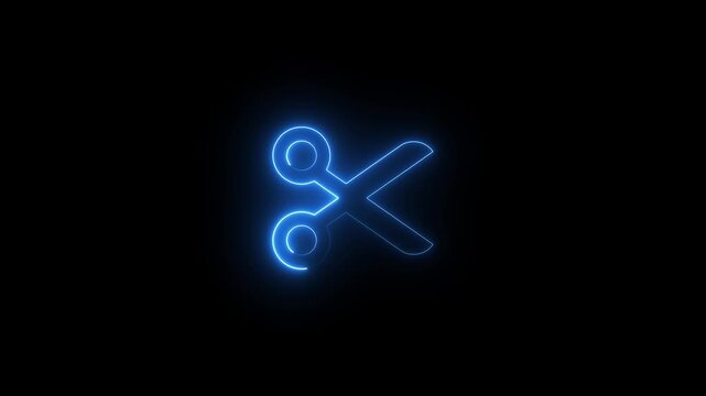 Neon glowing scissor cut icon animation on black background.Symbolizing separation or instruction.Grand opening icon, ribbon cutting icon.Hairdresser, tailor, craftsmanship concept.Delete, cut idea.