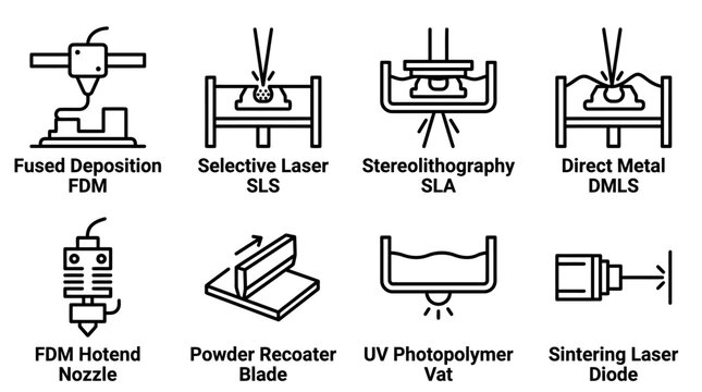 Additive manufacturing and 3D printing technology line icons set with fdm printer sls sla and laser diode parts manufacturing printing technology deposition selective stereolithography recoater