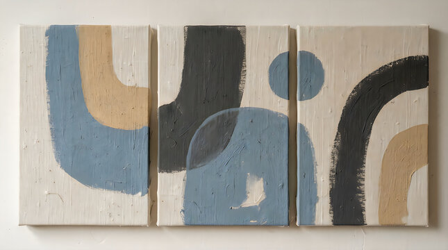 Abstract triptych wall art painting with modern shapes in blue beige and black colors on canvas