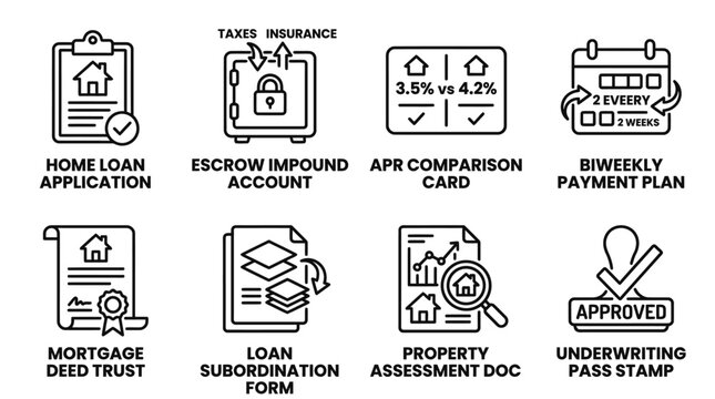 Financial mortgage and home loan application process icons representing approval documentation and property assessment with mortgage property application document approval assessment realestate
