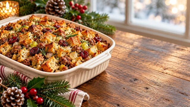 Sausage and herb stuffing with cranberries in a festive cream baking dish