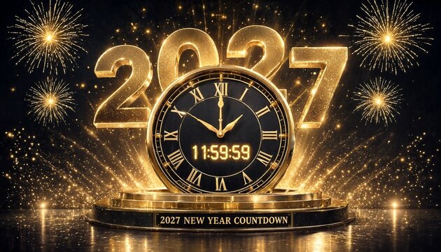 2027 new year countdown clock with golden fireworks background clock face time passing holiday season night sky sparkling lights annual event midnight celebration festive background template
