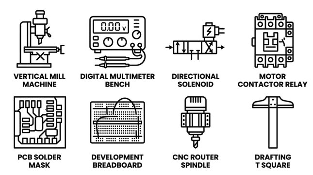 Set of eight industrial manufacturing and engineering equipment icons depicted in line art style with engineering manufacturing industrial machinery electronics hardware multimeter solenoid