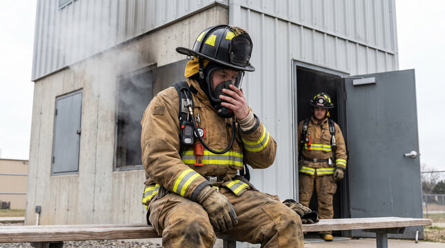 Firefighter in Full Turnout Gear Adjusting Oxygen Mask During Training Exercise. Concept of breathing equipment, fire rescue, breathing apparatus, safety equipment, emergency responder, fireman.