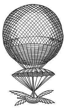 A black and white drawing of a hot air balloon with a parachute on top