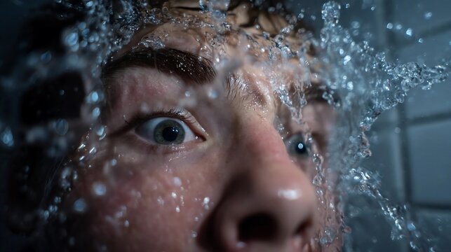 Close up of a young person's face being splashed with cold water droplets