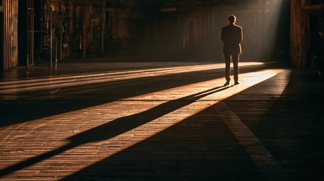 Empty theater stage, footlights casting solitary shadow of absent actor on wooden floor, wide shot, dramatic lighting