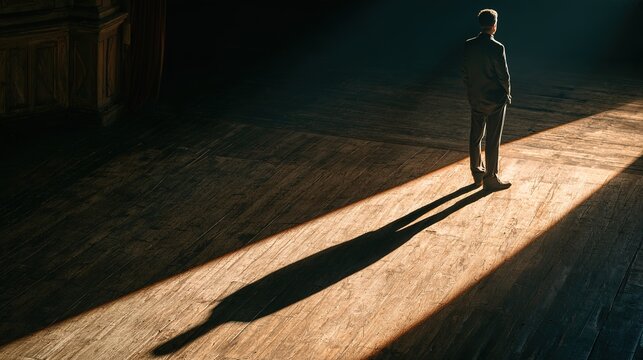Empty theater stage, footlights casting long solitary shadow of absent actor, wide shot, moody atmosphere, dramatic lighting