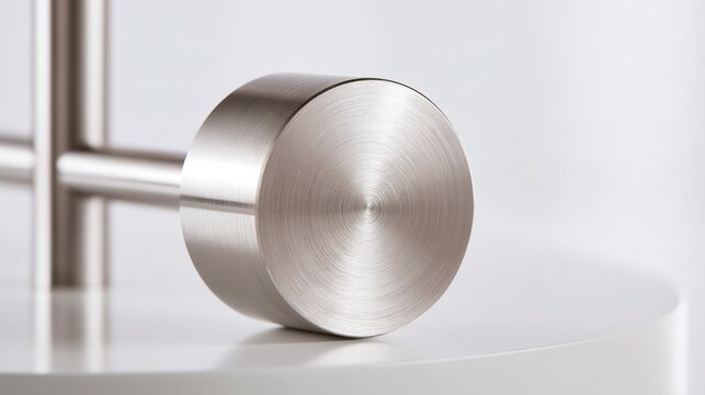 Industrial metal cylinder part on mandrel, clean grey surface, soft light, blurred background