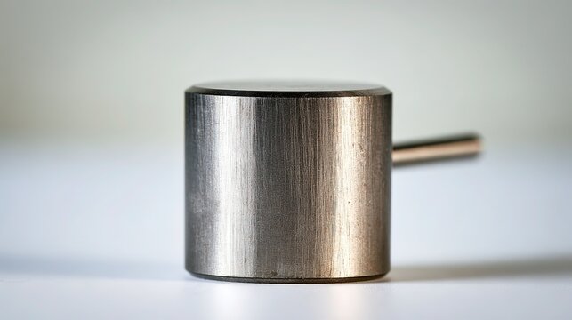 Industrial metal cylinder part on mandrel, clean grey surface, soft light, blurred background