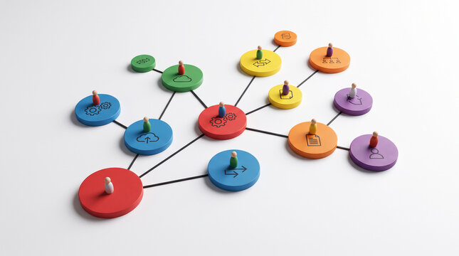 Infographic network diagram with colorful circular nodes connected by thin lines representing business workflow. Concept of hierarchy, organization chart, mind map. Copy space.