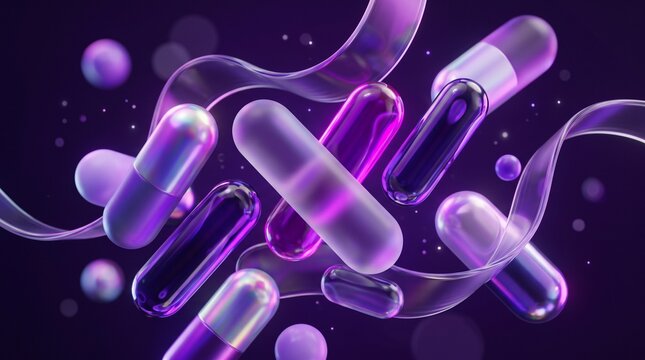 Purple pharmaceutical capsules floating in a dark abstract space with glowing ribbons