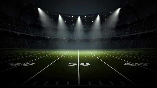 American football stadium lights turning on at night with cheering crowd and confetti