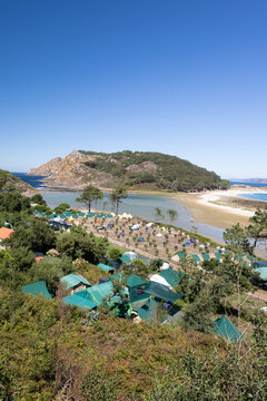 view of the island and camping site at cies islands natural park in galicia spain. Copy space