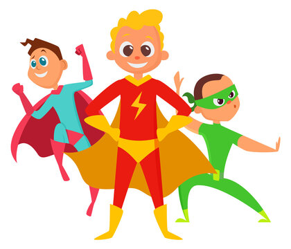 Three children dressed as superheroes are standing together