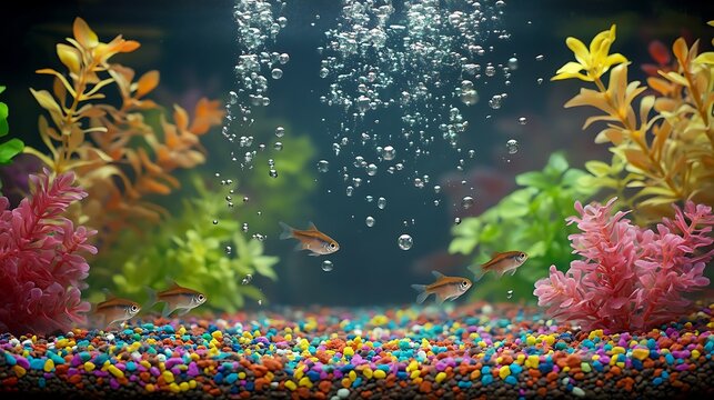 Vibrant aquatic scene inside a glass aquarium, showcasing small tropical fish swimming among colorful gravel and artificial plants with rising air bubbles